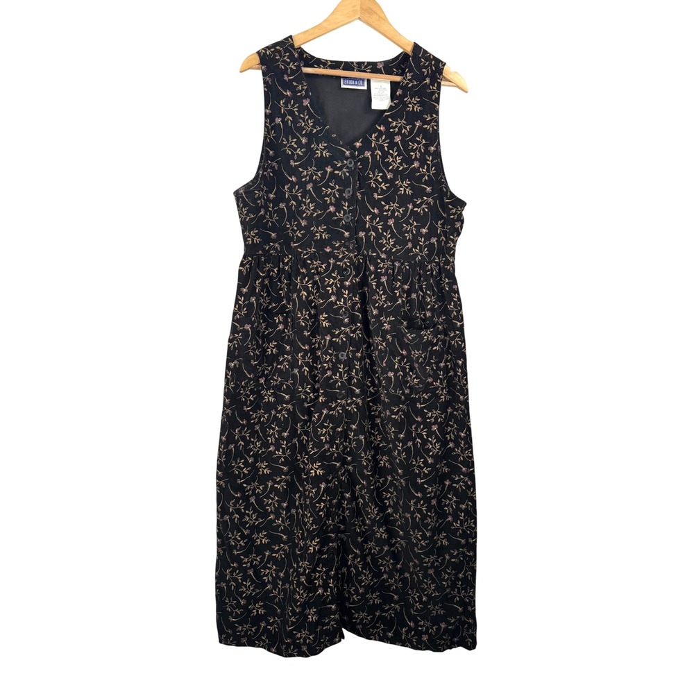 VTG Erika & Co Jumper Dress L Black Floral Corduroy cottage core whimsigoth 90s